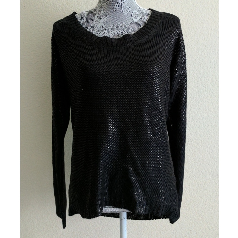 Black BEBE "Metallic Open Back Stitch Sweater," L